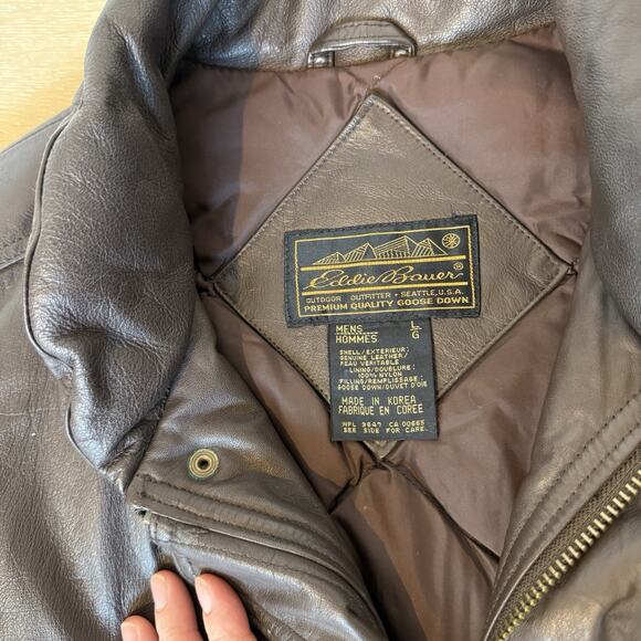 Vtg EDDIE BAUER Vest Men’s L Brown Leather Goose Down Bomber Jacket Vest - Picture 4 of 9